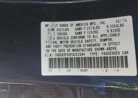 2015 Honda Accord Ex-L из США, поврежденный, VIN 1HGCR2F85FA203594